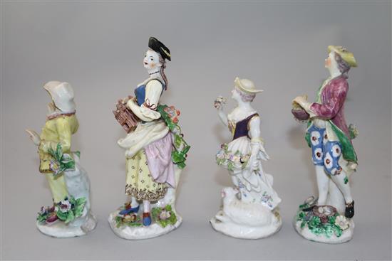 Four Bow porcelain figures, restored, c.1758-62,